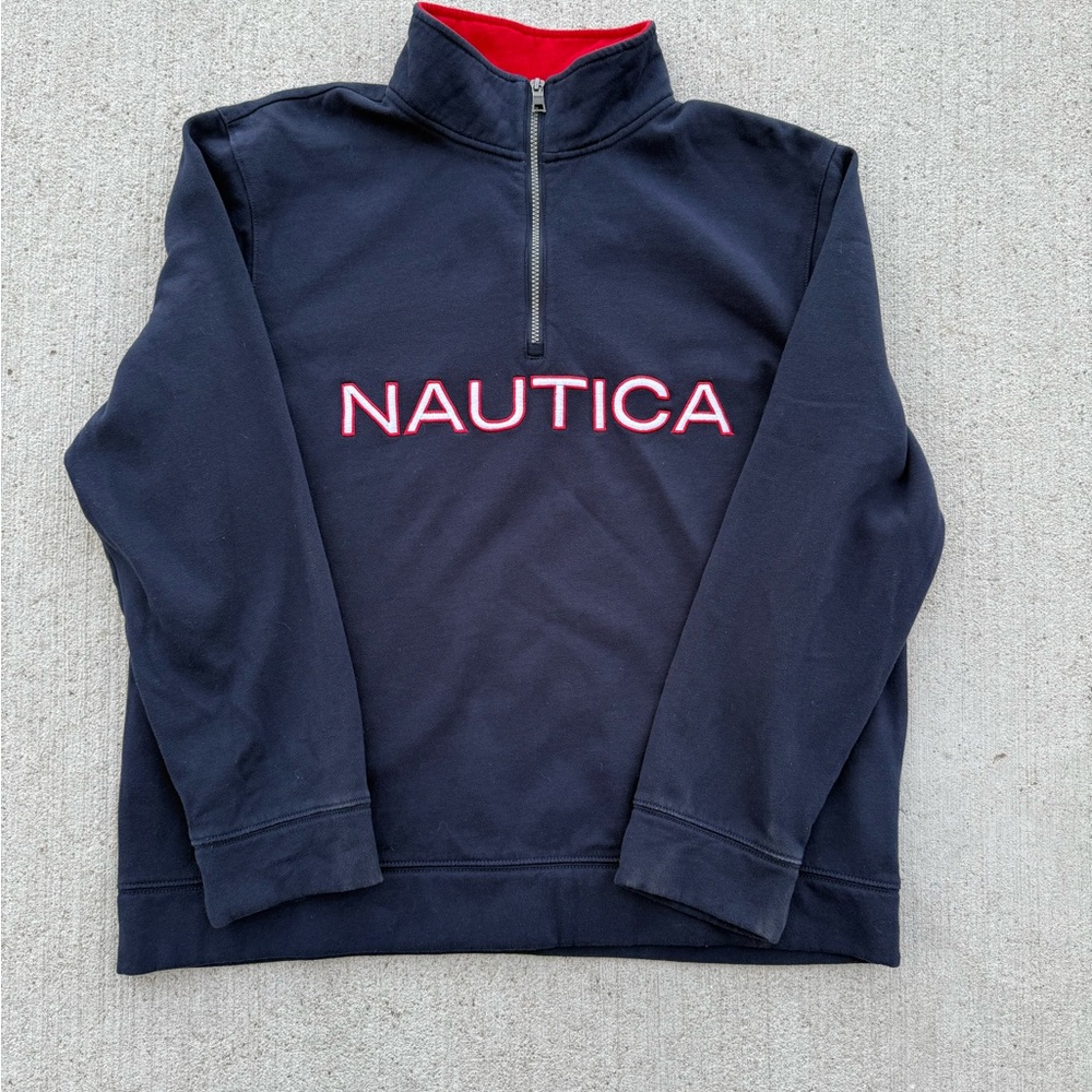 Nautica 1/4 Zip Navy Pullover Jacket-  Mens XL -Spell Out Sweatshirt Quarter Zip